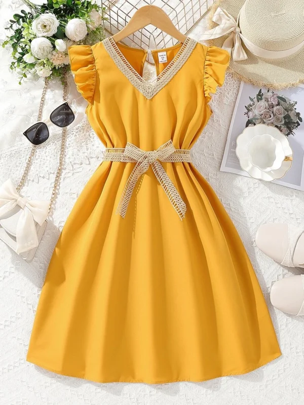 Vestido De Cintura Con Cinturón Y Manga De Volante Con Borde