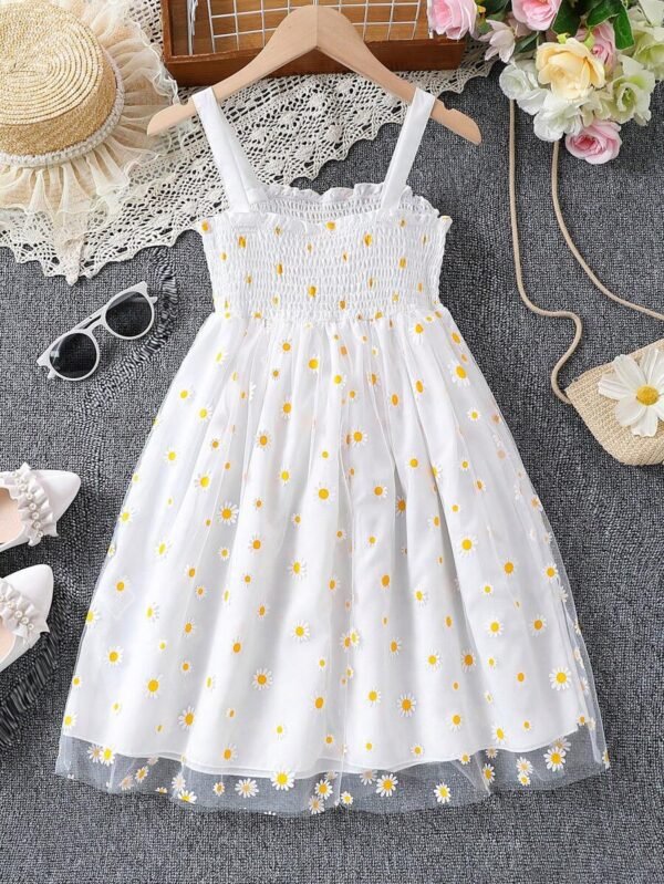 Vestido De Tirantes Con Panel De Volantes Superpuesto De Malla Bordada Floral - Imagen 2