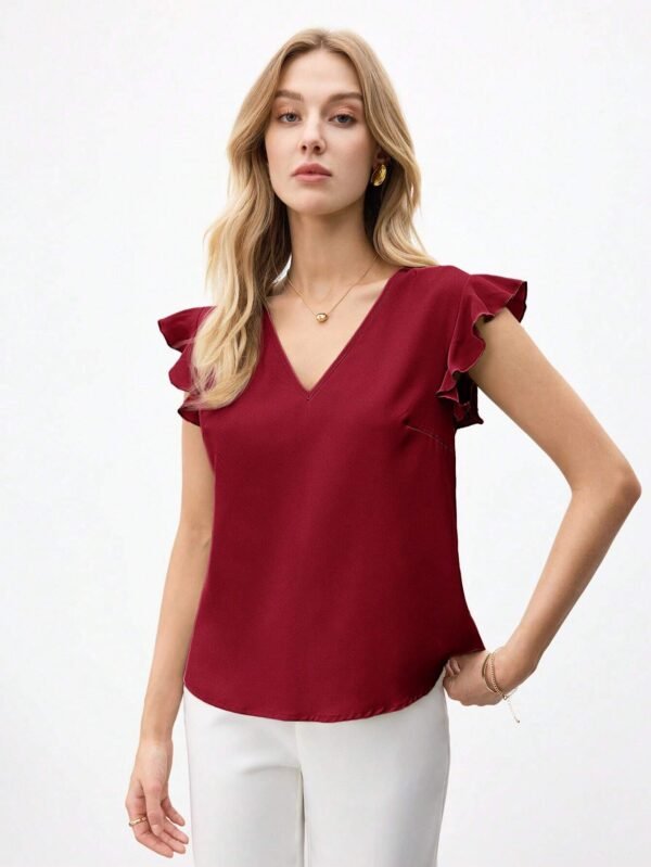 Camisa Casual Decorada De Color Sólido Con Cuello En V - Imagen 3