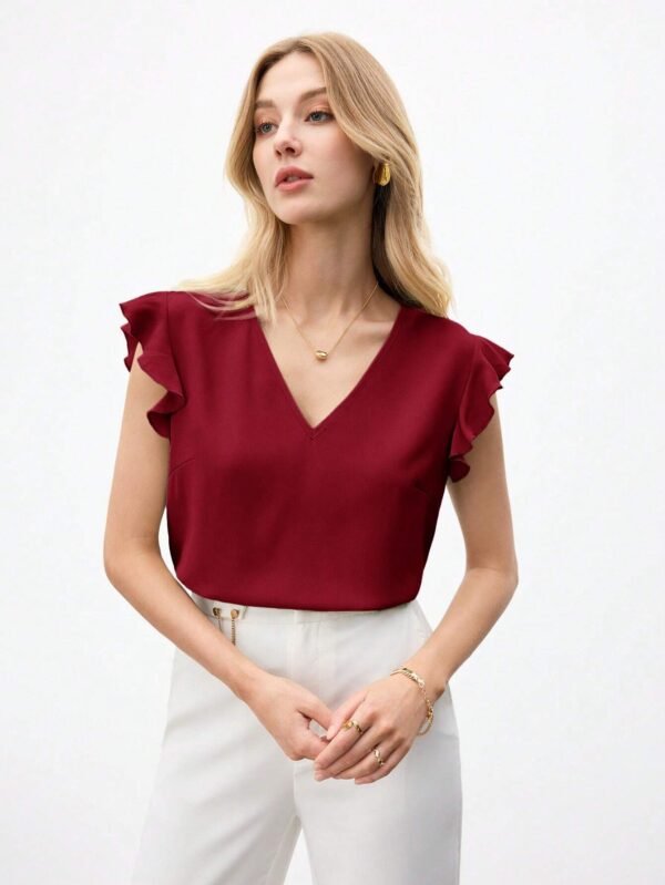 Camisa Casual Decorada De Color Sólido Con Cuello En V