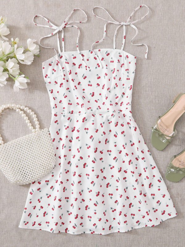 Vestido slip con estampado de cereza de espalda con fruncido con tiras con nudo