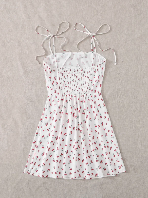 Vestido slip con estampado de cereza de espalda con fruncido con tiras con nudo - Imagen 2