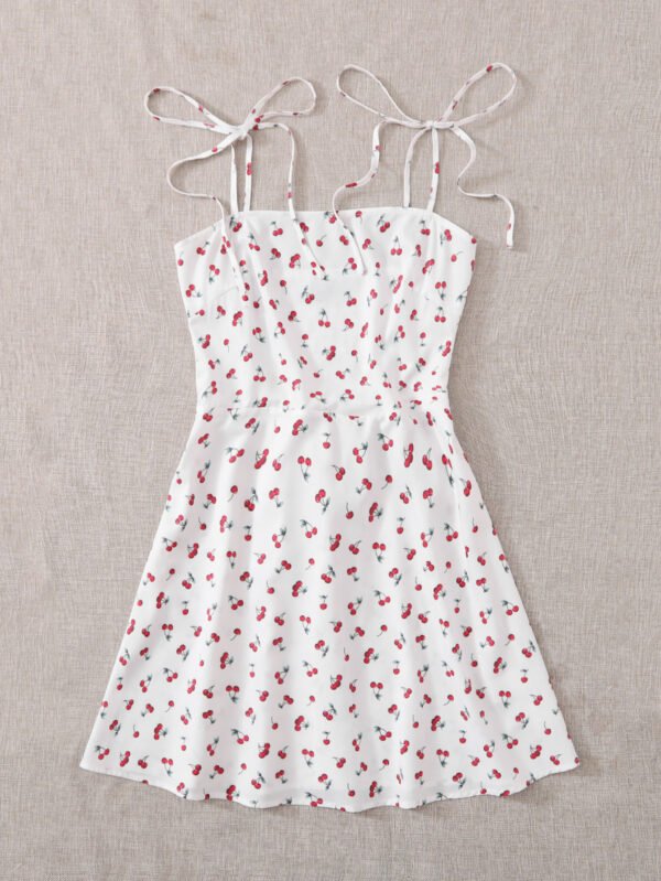 Vestido slip con estampado de cereza de espalda con fruncido con tiras con nudo - Imagen 3