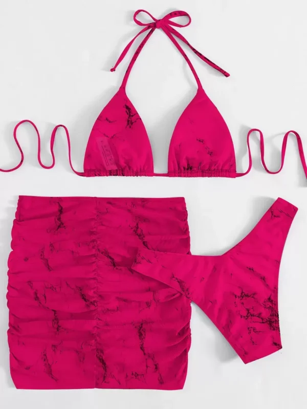 Bañador bikini triángulo halter con estampado de mármol con falda de playa - Imagen 2