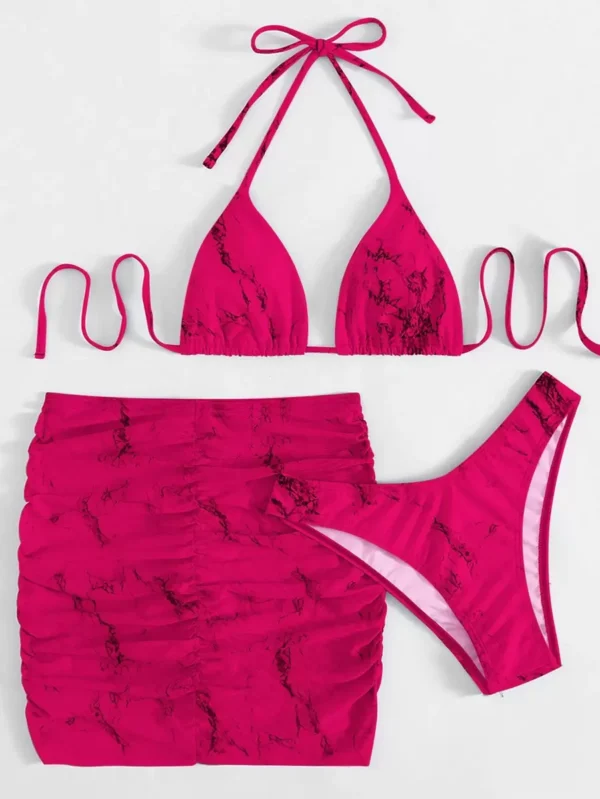 Bañador bikini triángulo halter con estampado de mármol con falda de playa - Imagen 3