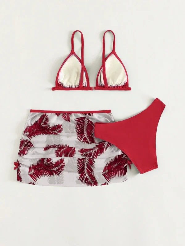 Conjunto de bikini triángulo con estampado tropical y falda de playa - Imagen 2