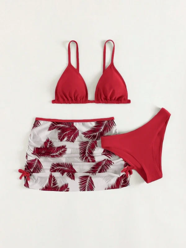 Conjunto de bikini triángulo con estampado tropical y falda de playa - Imagen 3