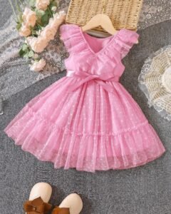 Vestido ribete con fruncido con cinturón de malla jacquard