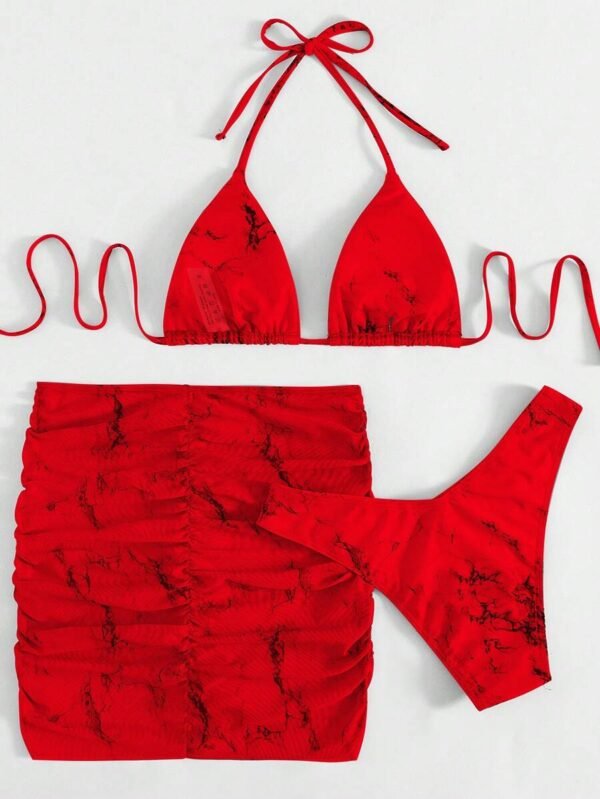 Bañador bikini triángulo halter con estampado de mármol con falda de playa - Imagen 2