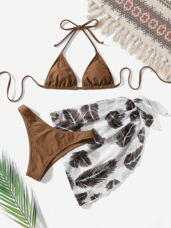 Top de bikini halter sin espalda de unicolor, falda inferior con estampado retorcido en el bajo