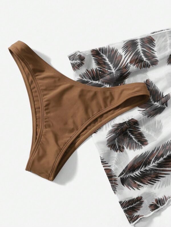 Top de bikini halter sin espalda de unicolor, falda inferior con estampado retorcido en el bajo - Imagen 3