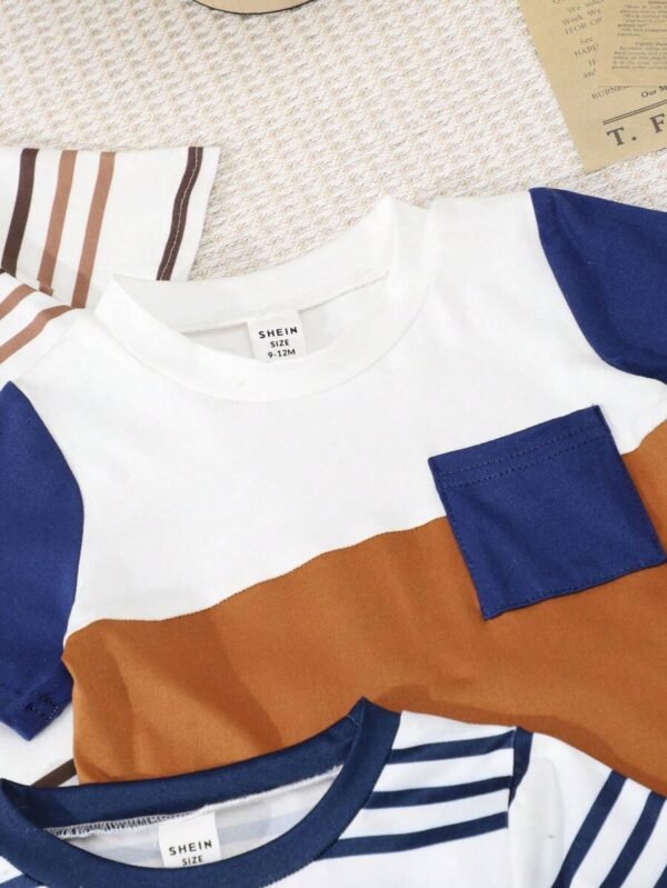 camiseta de manga corta de punto de cuello redondo con bolsillo con parche de rayas - Imagen 3