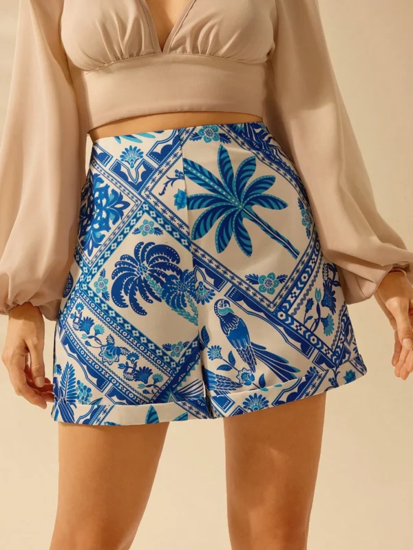 Shorts cortos de mujer con estampado tropical bohemio de flores