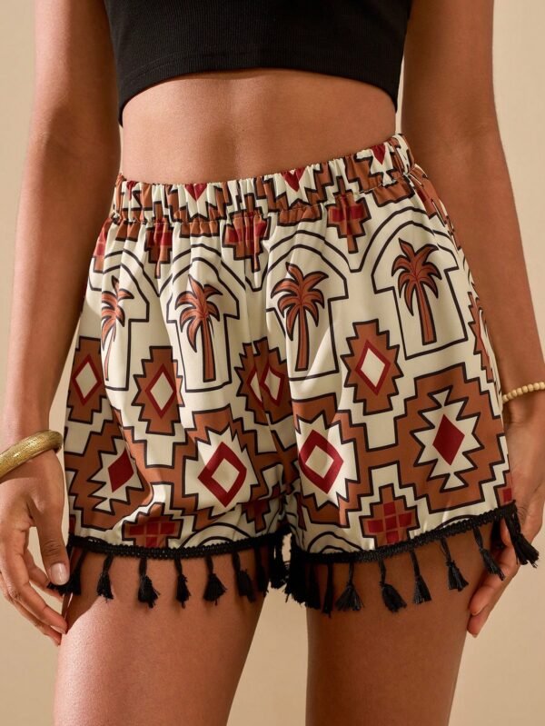 Pantalones cortos con estampado retro y flecos, moda minimalista