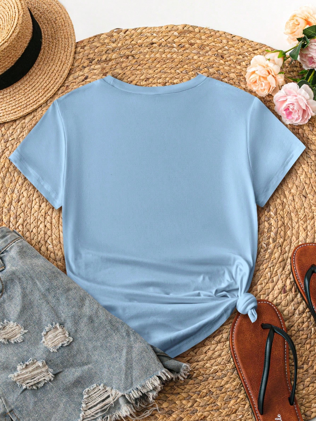 Camiseta de mujer casual con cuello redondo, bordado floral - Imagen 2