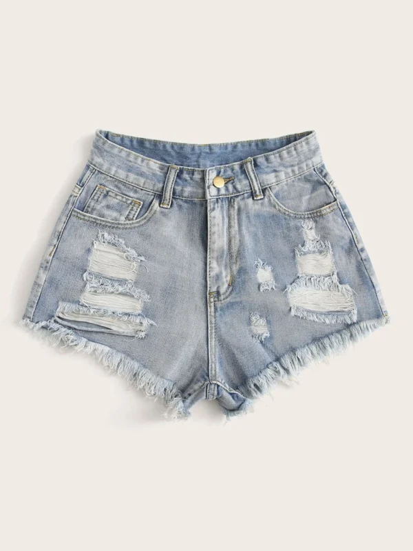 Shorts mezclilla rotos bajo crudo - Imagen 3