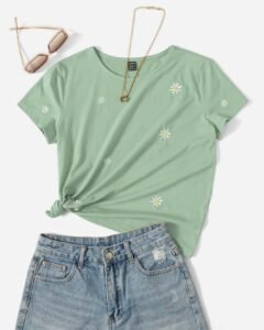 Camiseta De Manga Corta Floral Bordado Casual Y Suelta