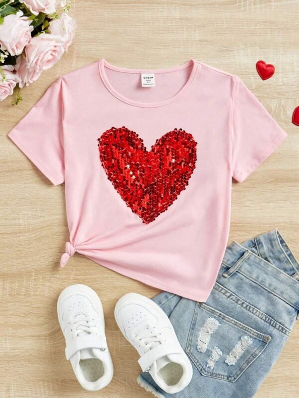 Camiseta Casual De Manga Corta Con Detalle De Corazón Con Lentejuelas
