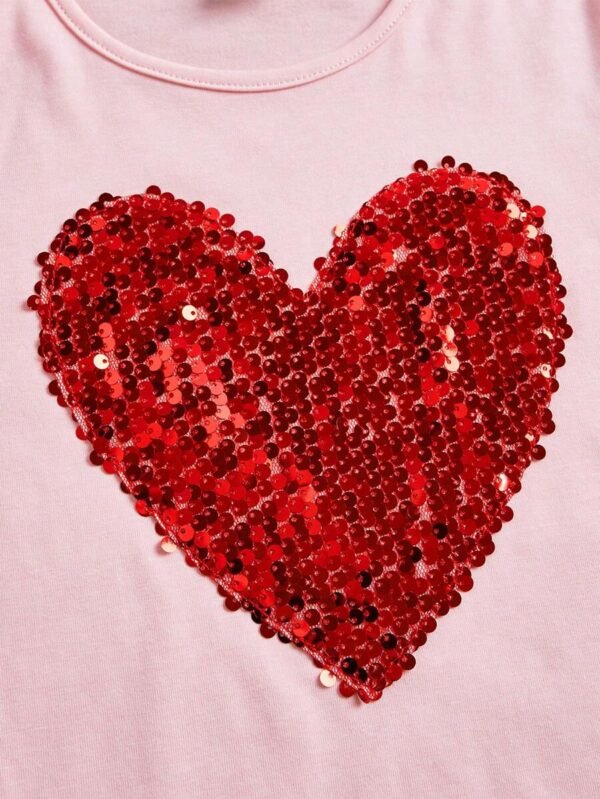 Camiseta Casual De Manga Corta Con Detalle De Corazón Con Lentejuelas - Imagen 3