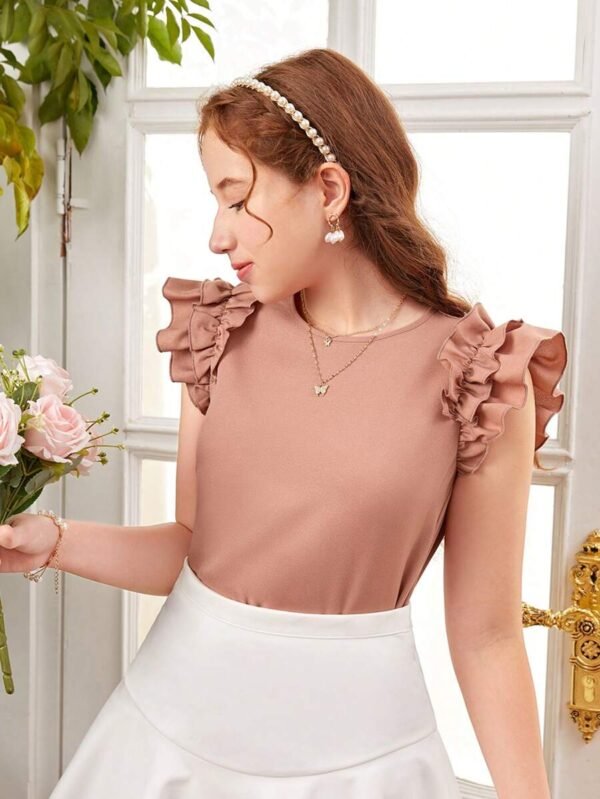 Blusa Casual De Cuello Redondo Con Adornos De Volante Tejido
