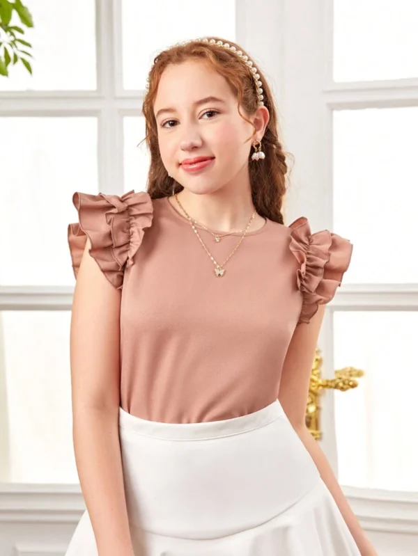 Blusa Casual De Cuello Redondo Con Adornos De Volante Tejido - Imagen 3