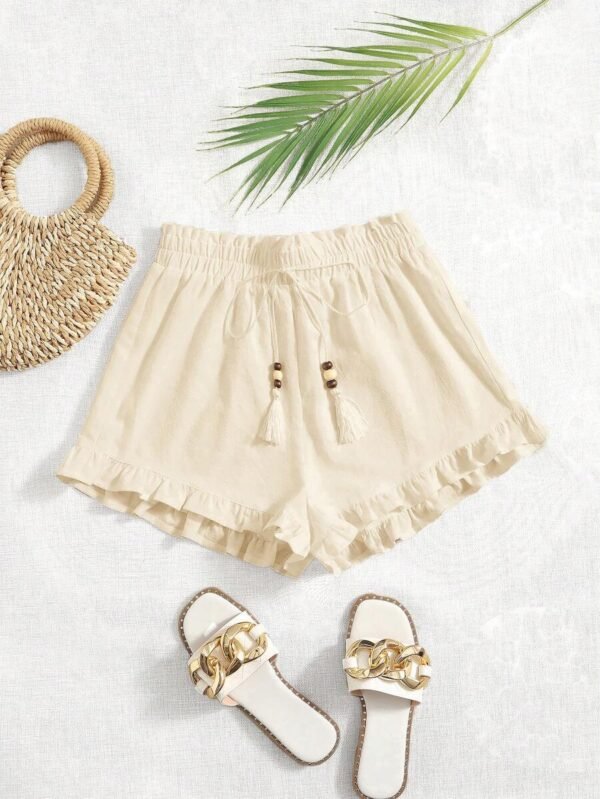 Shorts con fleco con cordón de cintura con volante bajo con fruncido