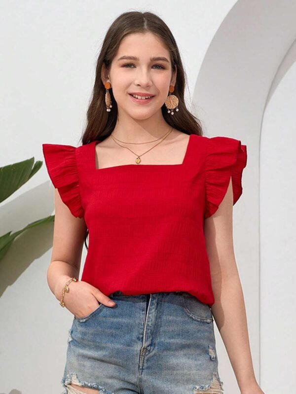 Camisa informal de manga corta con cuello cuadrado y textura tejida