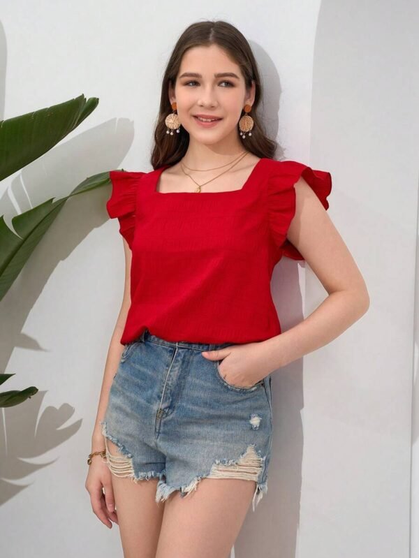 Camisa informal de manga corta con cuello cuadrado y textura tejida - Imagen 3