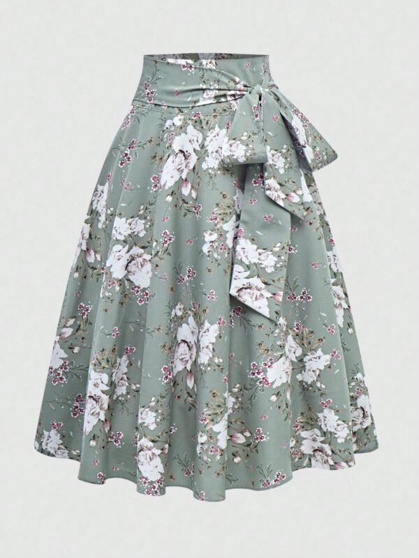 Falda con estampado floral y nudo en la cintura, elegante