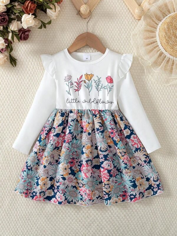 Vestido de niña con estampado floral de parches, de cuello redondo