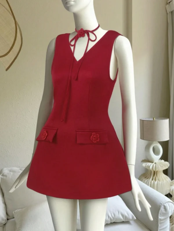 Vestido mini casual sencillo de mujer de unicolor sin mangas con bolsillo
