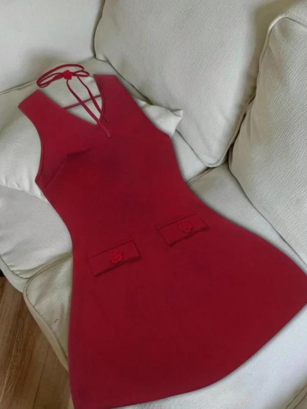 Vestido mini casual sencillo de mujer de unicolor sin mangas con bolsillo - Imagen 3