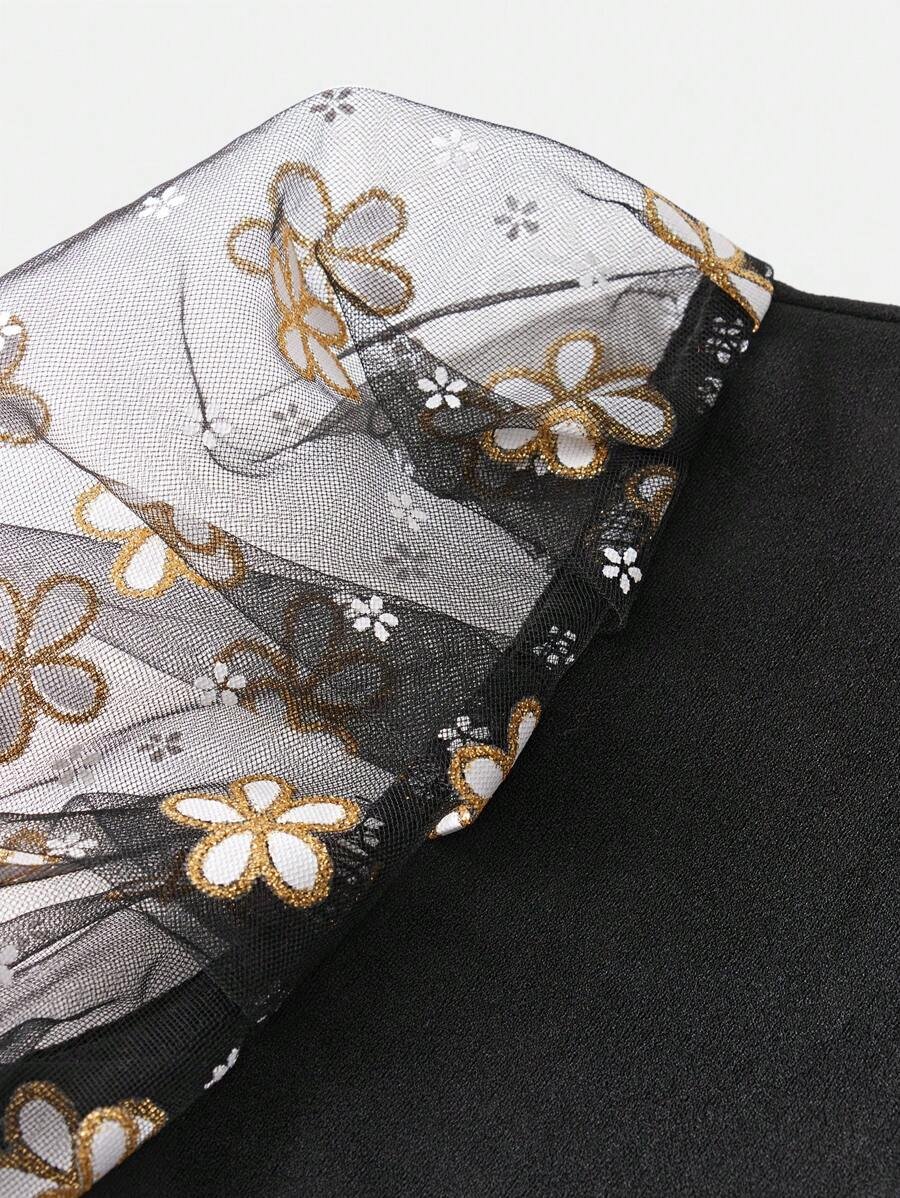 Blusa casual de manga corta, cuello redondo, con parches de punto y malla bordada - Imagen 3