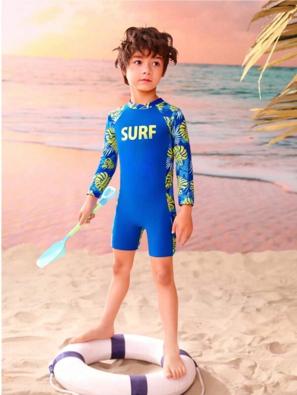 Traje de baño de una pieza con manga larga para niños con estampado floral y de letras