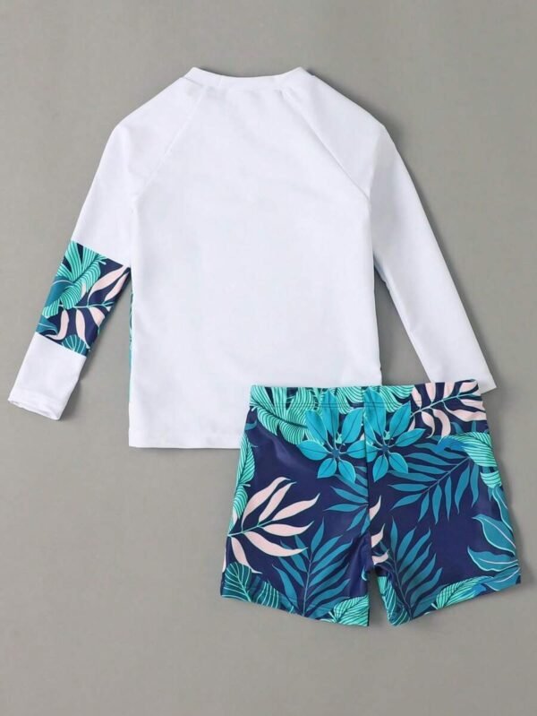 Conjunto de traje de baño de manga larga y shorts con estampado tropical - Imagen 2