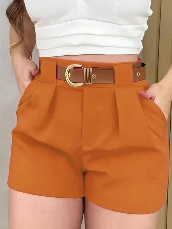 Pantalones cortos casuales sueltos de mujer con bolsillos y pliegues de unicolor