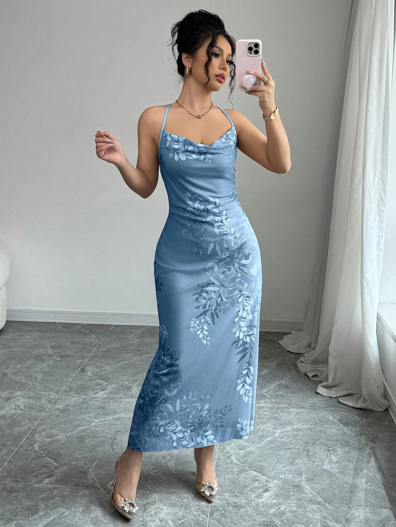 Vestido ajustado sin mangas con estampado de malla elástica - Imagen 3