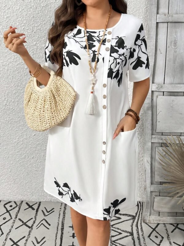 Vestido informal con botones y bolsillos con bordado floral - Imagen 3