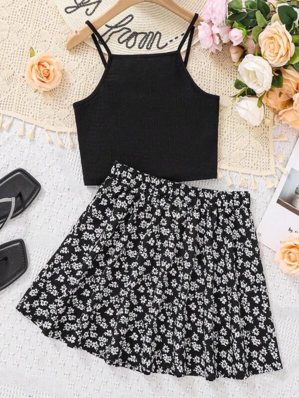 Top De Punto Jacquard De Color Sólido Y Falda Con Estampado Floral - Imagen 3