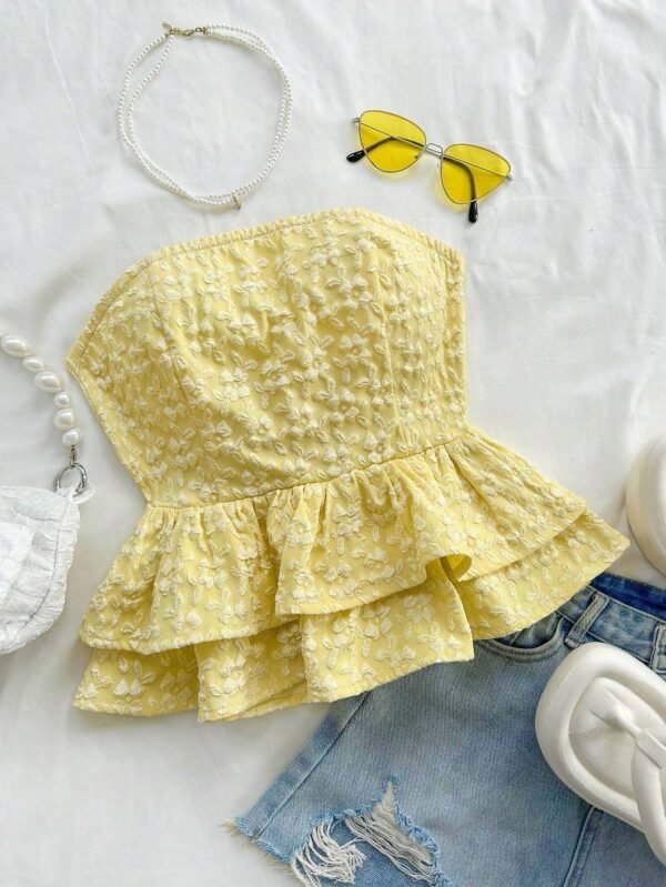 Top amarilla casual de verano estilo peplum sin espalda con lazo