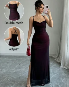 Vestido vintage sexy con cuello en V, abertura y cordón en malla