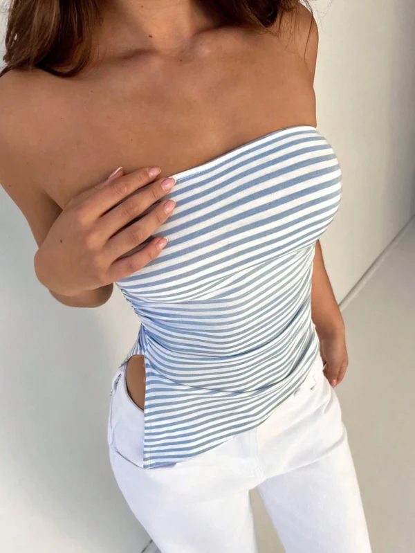 Top de mujer a rayas asimétrica con diseño sin hombro y con espalda abierta
