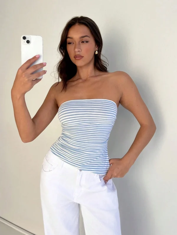 Top de mujer a rayas asimétrica con diseño sin hombro y con espalda abierta - Imagen 3