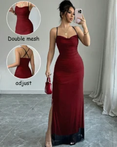 Vestido vintage sexy con cuello en V, abertura y cordón en malla