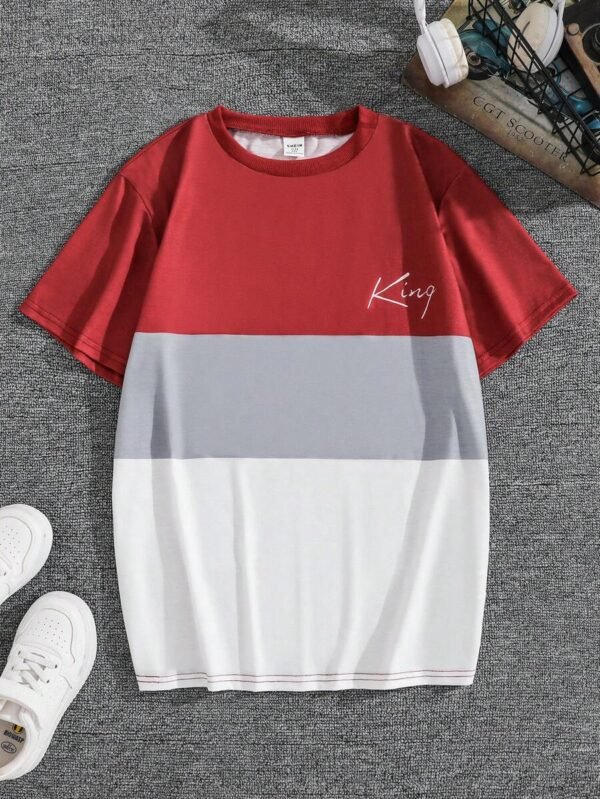 Camiseta casual de manga corta con cuello redondo y bloque de color