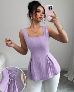 Blusa sin mangas de cuello cuadrado con cuerda elegante y vintage de color azul