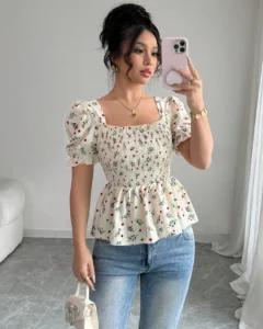 Blusa elegante con botones y ajuste delgado con estampado de flores diminutas