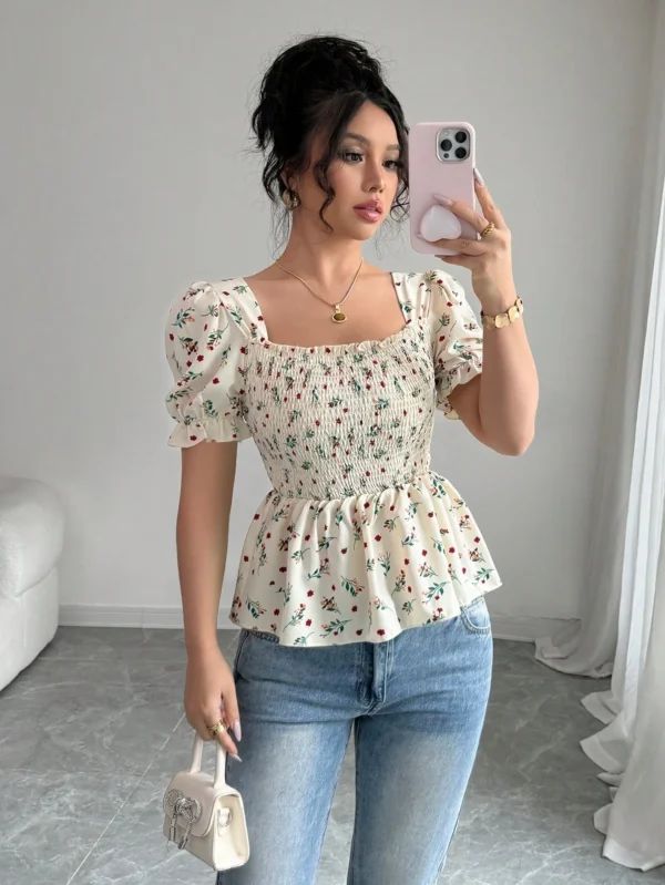 Blusa elegante con botones y ajuste delgado con estampado de flores diminutas