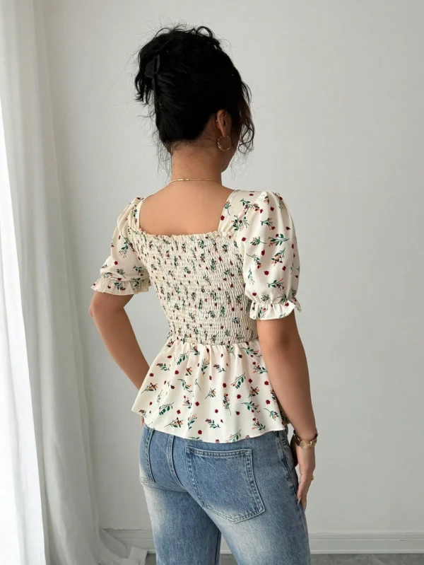 Blusa elegante con botones y ajuste delgado con estampado de flores diminutas - Imagen 2