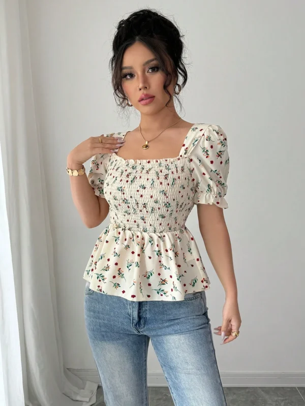 Blusa elegante con botones y ajuste delgado con estampado de flores diminutas - Imagen 3